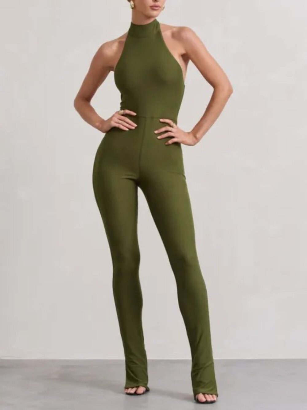 Club L London Jayda | Moss Green High-Neck Slim-Leg Jumpsuit US 6 / HERB GREEN